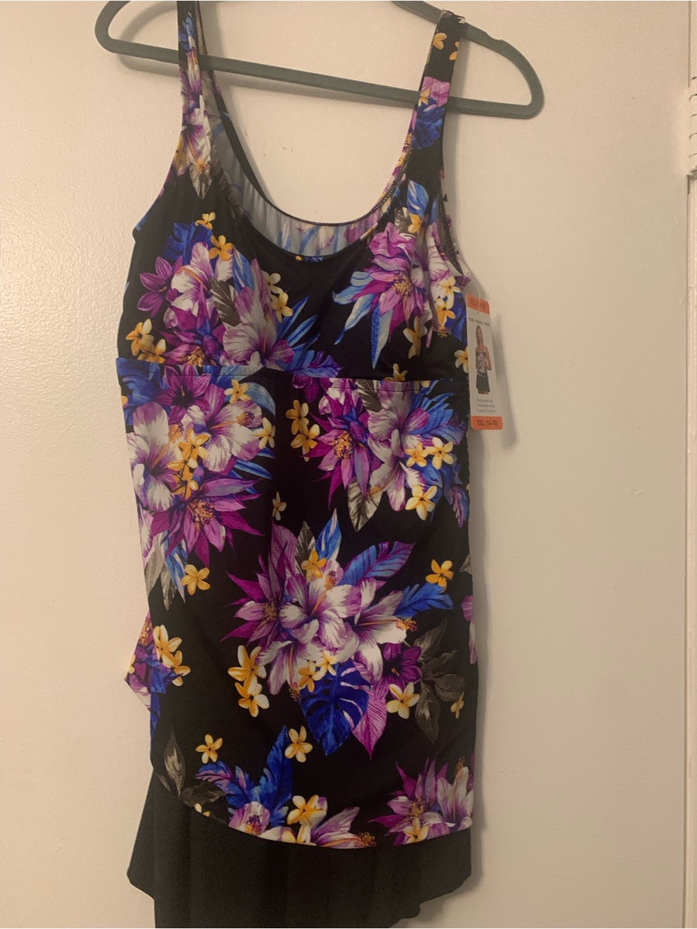 Black Floral Scoop One-Piece Swimdress with Purple & Yellow Blooms